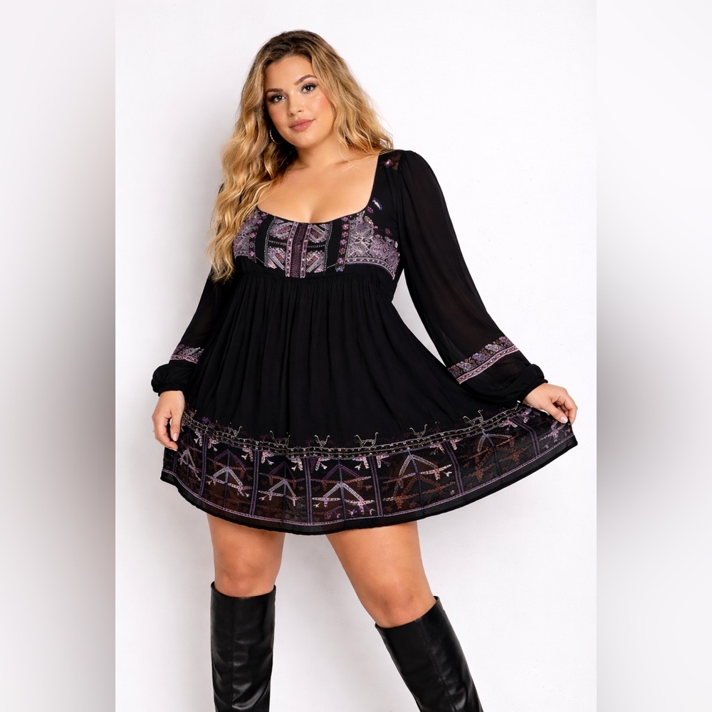Free People Rhiannon Embroidered Babydoll Dress Black Aztec Size XL
